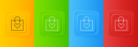 White Shopping bag with heart icon isolated on colorful background. Shopping bag shop love like heart icon. Valentines day symbol. Set icons in square buttons. Vector.のイラスト素材