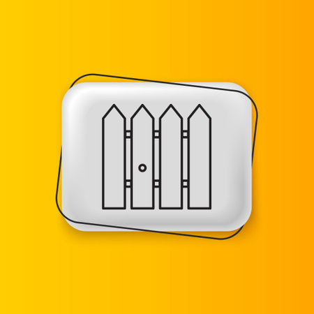 Black Garden fence wooden icon isolated on yellow background. Silver rectangle button. Vector.のイラスト素材