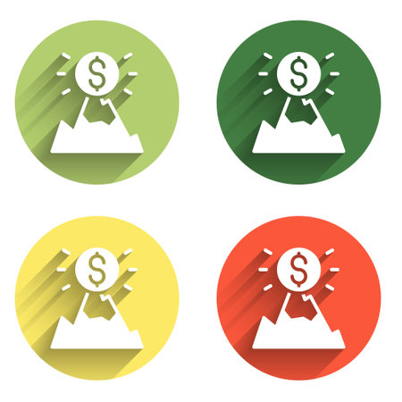 Set Mountains with flag on top icon isolated with long shadow background. Symbol of victory or success concept. Goal achievement. Color circle button. Vector.のイラスト素材