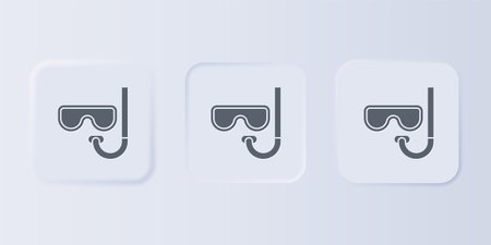 Gray Diving mask and snorkel icon isolated on gray background. Extreme sport. Diving underwater equipment. Set icons in square buttons. Vector.のイラスト素材