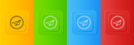White Paper plane icon isolated on colorful background. Paper airplane icon. Aircraft sign. Set icons in square buttons. Vector.のイラスト素材