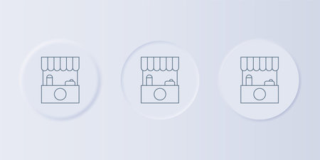 Gray Street stall with awning and wooden rack icon isolated on gray background. Kiosk with wooden rack. Set icons in square buttons. Vector.のイラスト素材