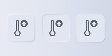 Gray Meteorology thermometer measuring icon isolated on gray background. Thermometer equipment showing hot or cold weather. Set icons in square buttons. Vector.のイラスト素材