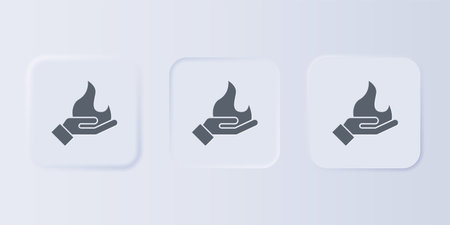 Gray Hand holding a fire icon isolated on gray background. Set icons in square buttons. Vector.