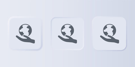 Gray Human hand holding Earth globe icon isolated on gray background. Save earth concept. Set icons...