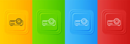 White Presentation, movie, film, media projector icon isolated on colorful background. Set icons in square buttons. Vector.のイラスト素材