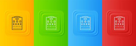 White Eye test chart icon isolated on colorful background. Poster for vision testing in ophthalmic study. Snellen chart. Set icons in square buttons. Vector.のイラスト素材