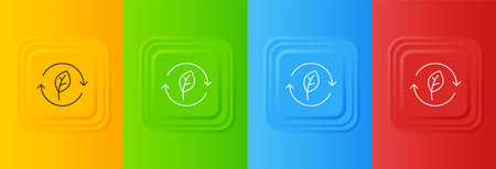 White Recycle symbol with leaf icon isolated on colorful background. Circular arrow icon. Environment recyclable go green. Set icons in square buttons. Vector.のイラスト素材