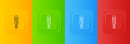 White Meteorology thermometer measuring icon isolated on colorful background. Thermometer equipment showing hot or cold weather. Set icons in square buttons. Vector.のイラスト素材