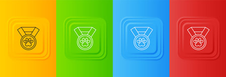 White Pet award symbol icon isolated on colorful background. Badge with dog or cat paw print and ribbons. Medal for animal. Set icons in square buttons. Vector.のイラスト素材
