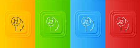 White Musical note in human head icon isolated on colorful background. Set icons in square buttons. Vector.のイラスト素材