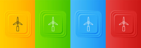 White Wind turbine icon isolated on colorful background. Wind generator sign. Windmill for electric power production. Set icons in square buttons. Vector.のイラスト素材