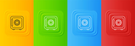 White Safe icon isolated on colorful background. The door safe a bank vault with a combination lock. Reliable Data Protection. Set icons in square buttons. Vector.のイラスト素材