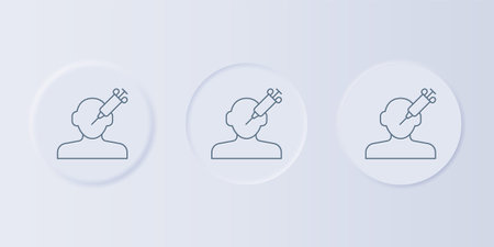 Gray Addiction to the drug icon isolated on gray background. Heroin, narcotic, addiction, illegal. Sick junkie with a syringe and medical pills. Set icons in square buttons. Vector.のイラスト素材