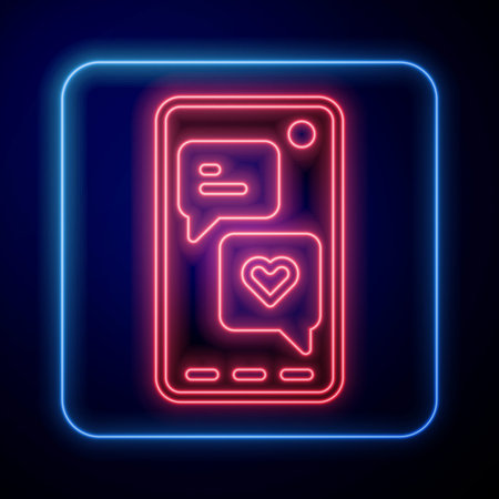 Glowing neon Smartphone with heart emoji speech bubble get message on screen icon isolated on blue background. Valentines day. Vector.のイラスト素材