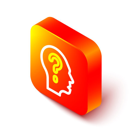 Isometric line Human head with question mark icon isolated on white background. Orange square button. Vector.のイラスト素材