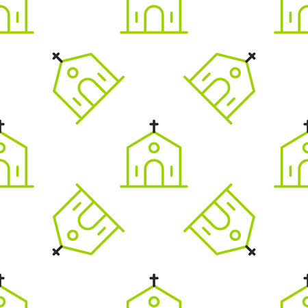 Line Church building icon isolated seamless pattern on white background. Christian Church. Religion of church. Vector.のイラスト素材