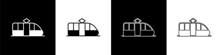 Set Tram and railway icon isolated on black and white background. Public transportation symbol. Vector.のイラスト素材