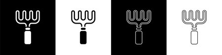 Set Garden rake icon isolated on black and white background. Tool for horticulture, agriculture, farming. Ground cultivator. Housekeeping equipment. Vector.のイラスト素材