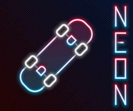 Glowing neon line Skateboard icon isolated on black background. Extreme sport. Sport equipment. Colorful outline concept. Vector.のイラスト素材