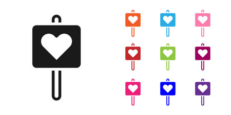 Black Map pointer with heart icon isolated on white background. Valentines day. Love location. Romantic map pin. Set icons colorful. Vector.のイラスト素材