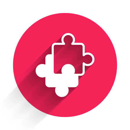 White Puzzle pieces toy icon isolated with long shadow background. Red circle button. Vector.のイラスト素材