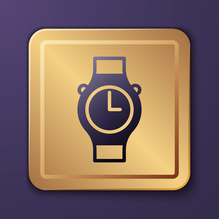 Purple Wrist watch icon isolated on purple background. Wristwatch icon. Gold square button. Vector.のイラスト素材