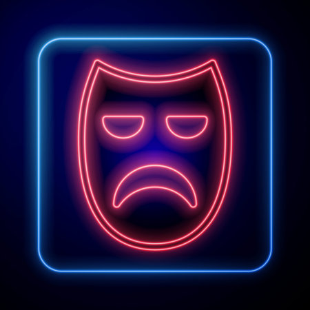 Glowing neon Drama theatrical mask icon isolated on black background. Vector.のイラスト素材