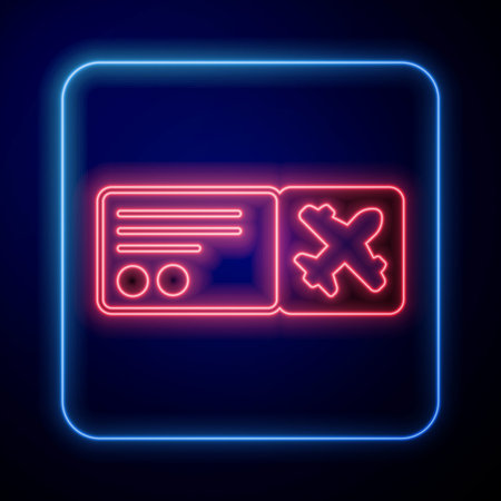 Glowing neon Airline ticket icon isolated on black background. Plane ticket. Vector.のイラスト素材
