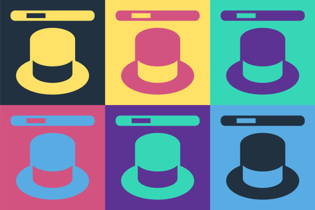 Pop art Magic hat and wand icon isolated on color background. Magic trick. Mystery entertainment concept. Vector.のイラスト素材