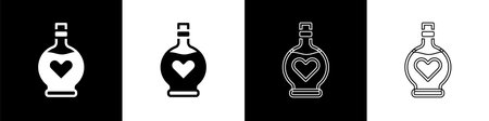 Set Bottle with love potion icon isolated on black and white background. Valentines day symbol. Vector.のイラスト素材