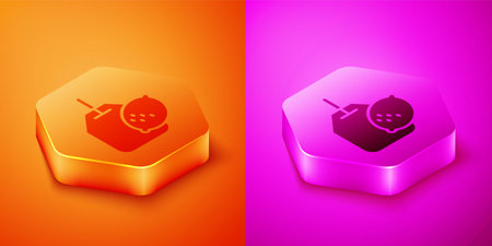 Isometric Tea bag with lemon icon isolated on orange and pink background. Hexagon button. Vector.のイラスト素材