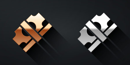 Gold and silver Stacks paper money cash icon isolated on black background. Money banknotes stacks. Bill currency. Long shadow style. Vector.のイラスト素材