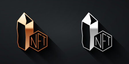 Gold and silver NFT Digital crypto art icon isolated on black background. Non fungible token. Long shadow style. Vector.のイラスト素材