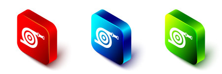 Isometric Garden hose icon isolated on white background. Spray gun icon. Watering equipment. Red, blue and green square button. Vector.のイラスト素材