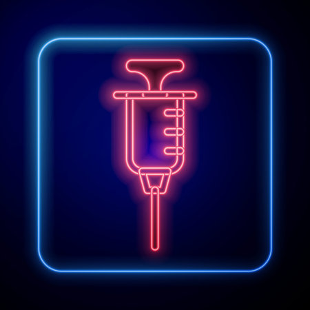 Glowing neon Syringe icon isolated on black background. Syringe for vaccine, vaccination, injection, flu shot. Medical equipment. Vector.のイラスト素材