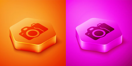 Isometric Photo camera icon isolated on orange and pink background. Foto camera. Digital photography. Hexagon button. Vector.のイラスト素材