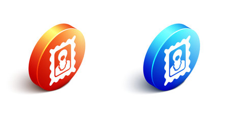 Isometric Christian icon isolated on white background. Orange and blue circle button. Vector.のイラスト素材