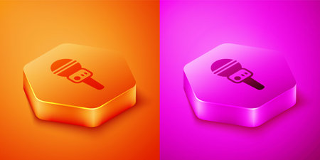 Isometric Microphone icon isolated on orange and pink background. On air radio mic microphone. Speaker sign. Hexagon button. Vector.のイラスト素材