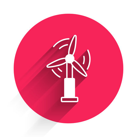 White Wind turbine icon isolated with long shadow background. Wind generator sign. Windmill for electric power production. Red circle button. Vector.のイラスト素材