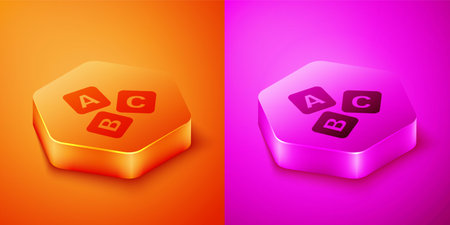 Isometric ABC blocks icon isolated on orange and pink background. Alphabet cubes with letters A,B,C. Hexagon button. Vector.のイラスト素材