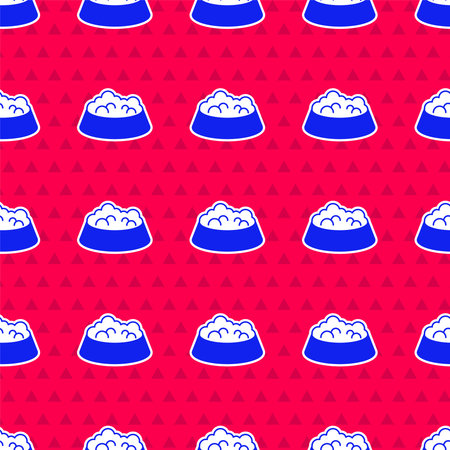 Blue Pet food bowl for cat or dog icon isolated seamless pattern on red background. Dog or cat paw print. Vector.のイラスト素材