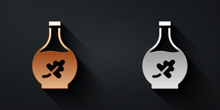 Gold and silver Essential oil bottle icon isolated on black background. Organic aromatherapy essence. Skin care serum glass drop package. Long shadow style. Vector.のイラスト素材
