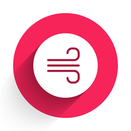 White Windy weather icon isolated with long shadow background. Cloud and wind. Red circle button. Vector.のイラスト素材
