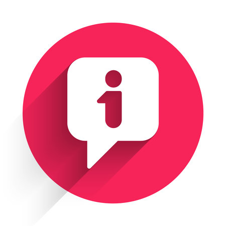 White Information icon isolated with long shadow background. Red circle button. Vector.のイラスト素材