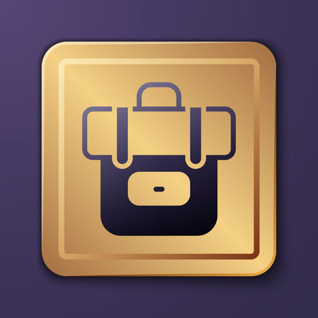 Purple Hiking backpack icon isolated on purple background. Camping and mountain exploring backpack. Gold square button. Vector.のイラスト素材