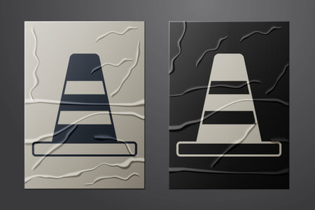 White Traffic cone icon isolated on crumpled paper background. Paper art style. Vector.のイラスト素材