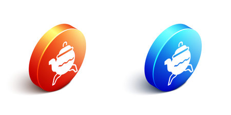 Isometric Classic teapot icon isolated on white background. Orange and blue circle button. Vector.のイラスト素材