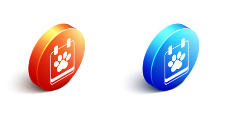 Isometric Calendar grooming icon isolated on white background. Event reminder symbol. Orange and blue circle button. Vector.のイラスト素材