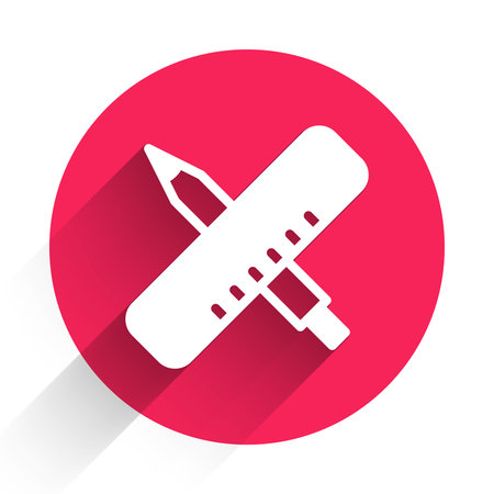 White Crossed ruler and pencil icon isolated with long shadow background. Straightedge symbol. Drawing and educational tools. Red circle button. Vector.のイラスト素材